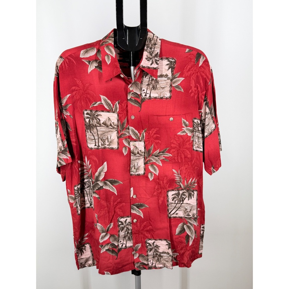 Van Heusen Mens Red‎ Tropical Hawaiian Shirt Rayon Island Palm Tree L